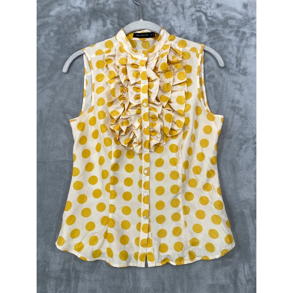 The Limited 100% Silk Blouse XS Yellow Polka Dot Sleeveless Ruffle Career Preppy